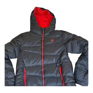 Spyder Puffer Jacket Men's S Hooded Insulated Winter Coat Black Red